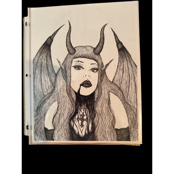 Hand-Drawn Gothic Demon Woman Art Prints Set Of 2 Signed By Artist - Picture 1 of 3